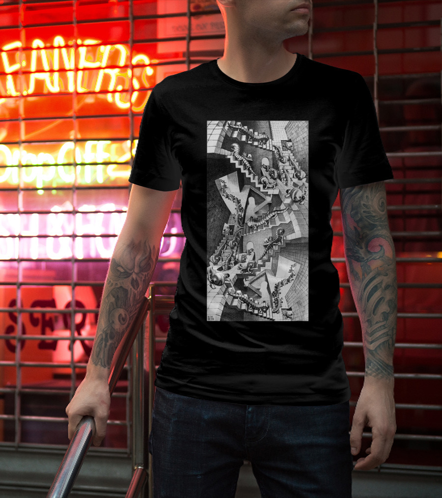 Escher Relativity Optical Illusion Staircase Maze In Three Colors T-Shirt
