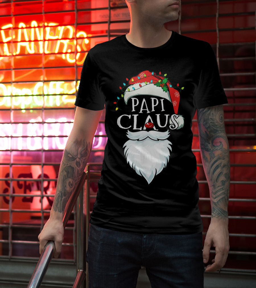 Mens Papi Claus Santa Hat Xmas Costume Family Beard Lights T-Shirt