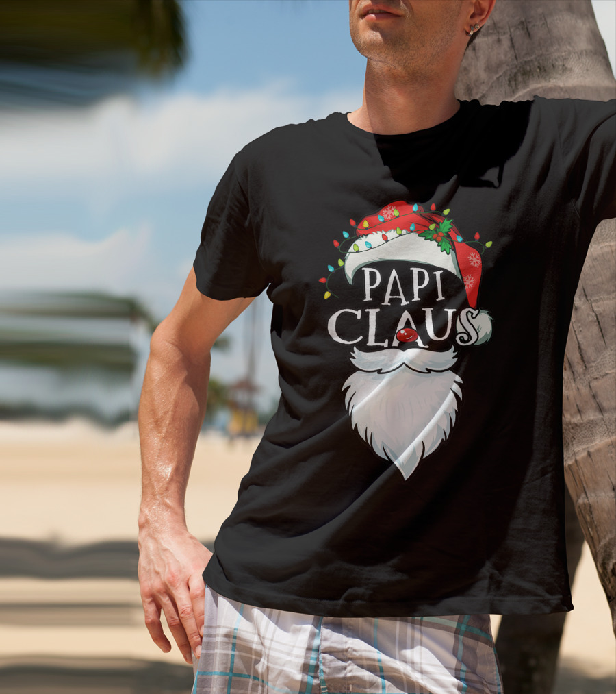 Mens Papi Claus Santa Hat Xmas Costume Family Beard Lights T-Shirt