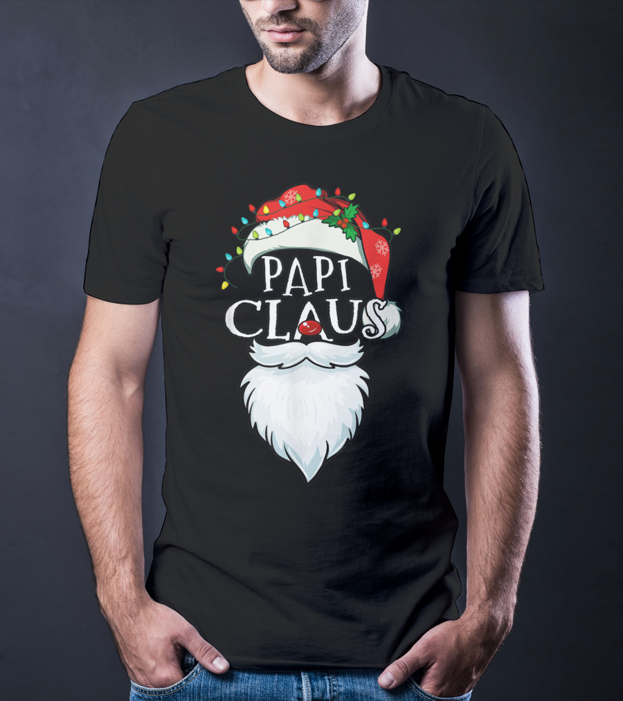 Mens Papi Claus Santa Hat Xmas Costume Family Beard Lights T-Shirt