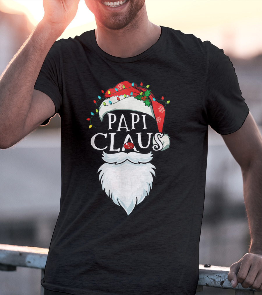 Mens Papi Claus Santa Hat Xmas Costume Family Beard Lights T-Shirt