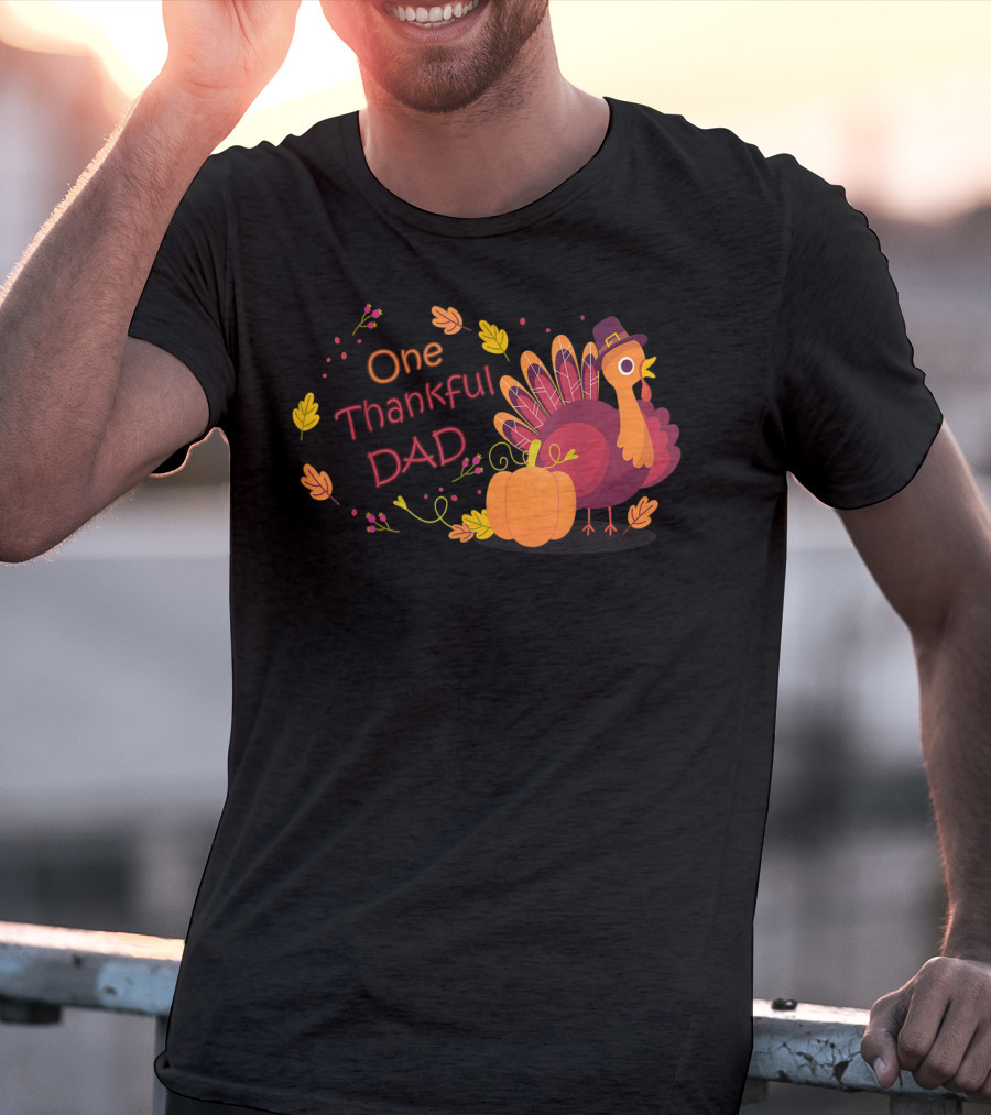 One Thankful Dad Turkey With Pumpkin And Autumn Leaves T-Shirt