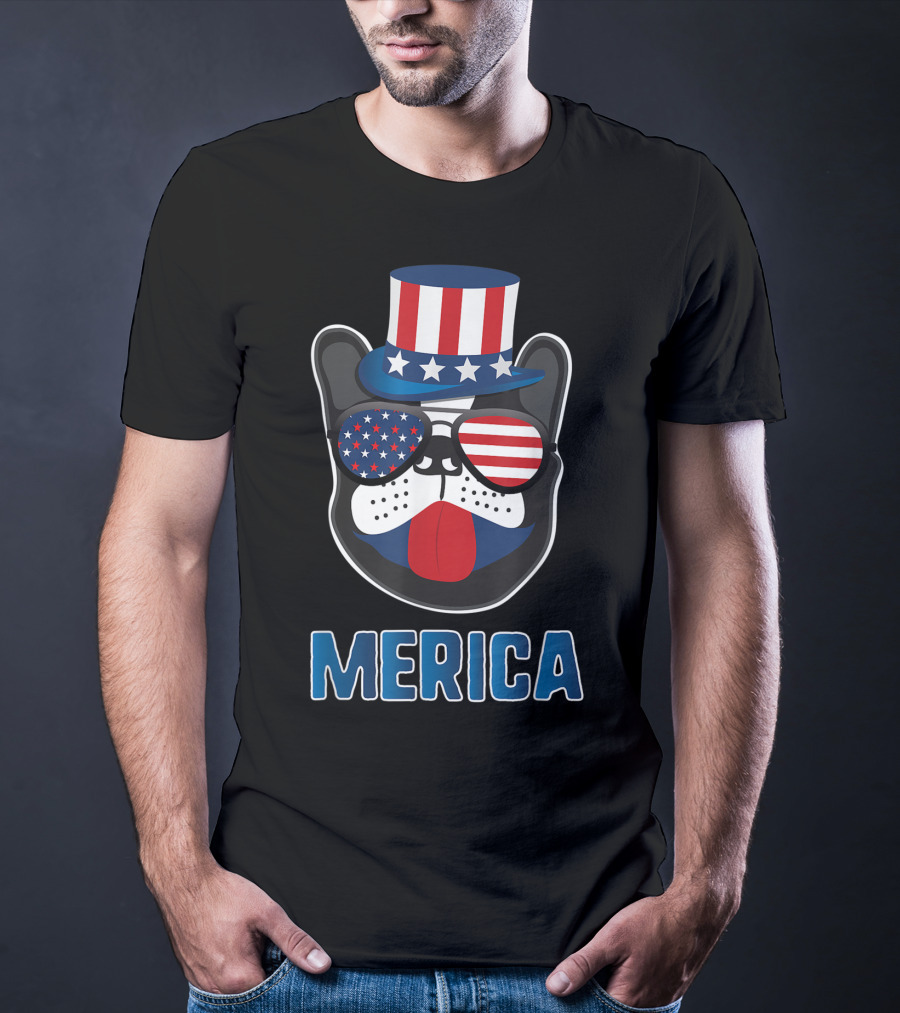Merica Boston Terrier Dog Patriotic Uncle Sam Hat USA T-Shirt