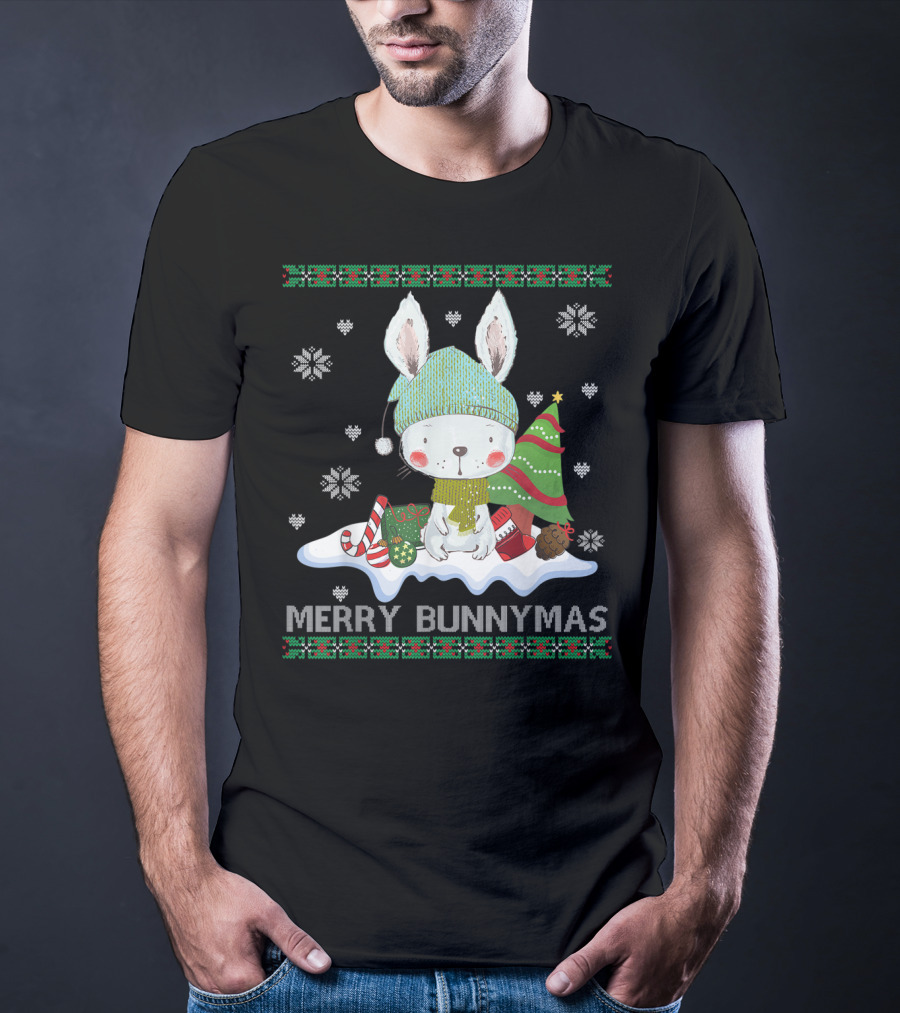 Merry Bunnymas Cute Bunny With Santa Hat And Christmas Tree T-Shirt