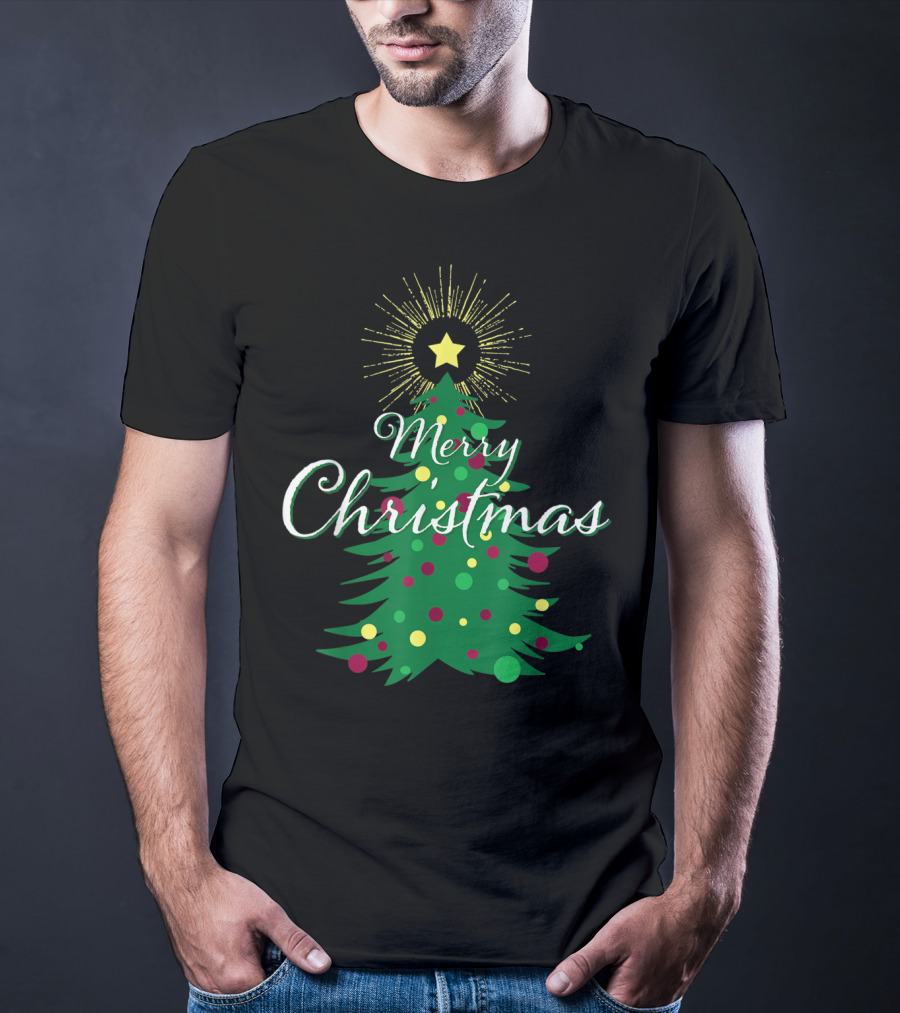Merry Christmas Tree With Star And Colorful Ornaments For Family Party T-Shirt