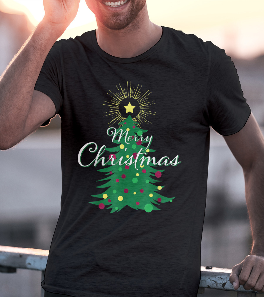 Merry Christmas Tree With Star And Colorful Ornaments For Family Party T-Shirt