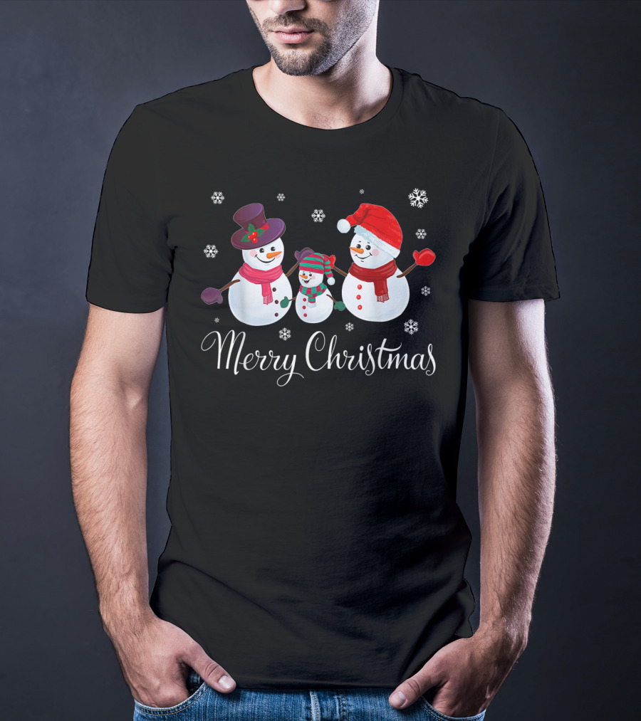 Merry Christmas Family Snowman Snowflakes Holiday Scene T-Shirt