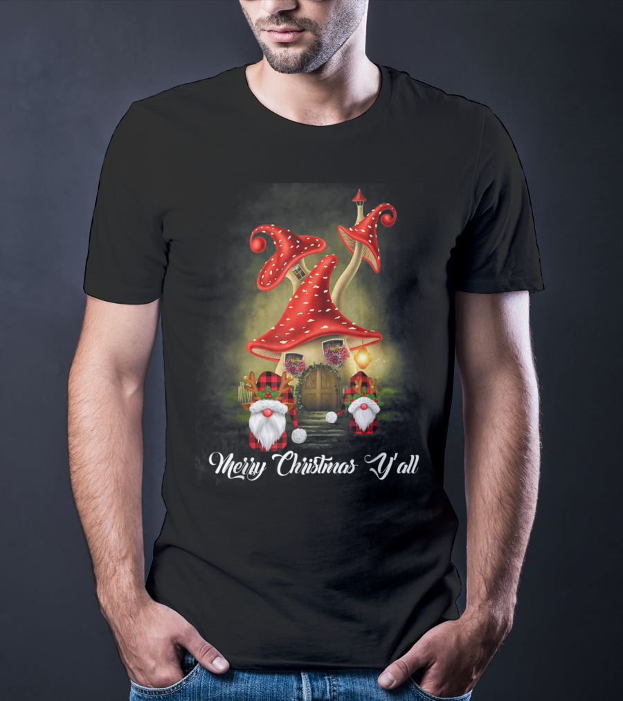 Merry Christmas Y'all Gnome Red Mushroom House T-Shirt