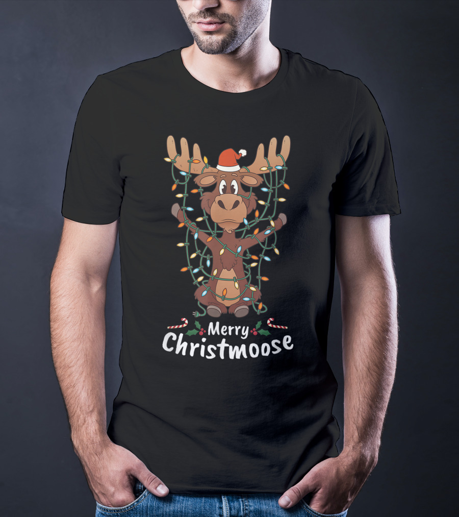 Merry Christmoose Christmas Moose Xmas Tree Lights Santa Hat T-Shirt