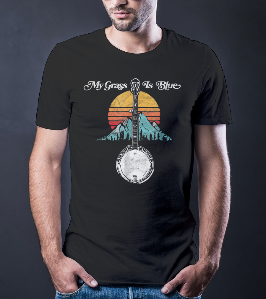 My Grass Is Blue Rocky Mountain Banjo Sunset Mountain Scene T-Shirt