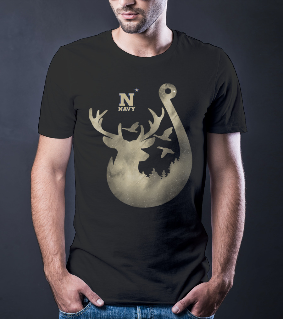 Navy Midshipmen Deer Galaxy Hook With Birds And Starry Sky T-Shirt