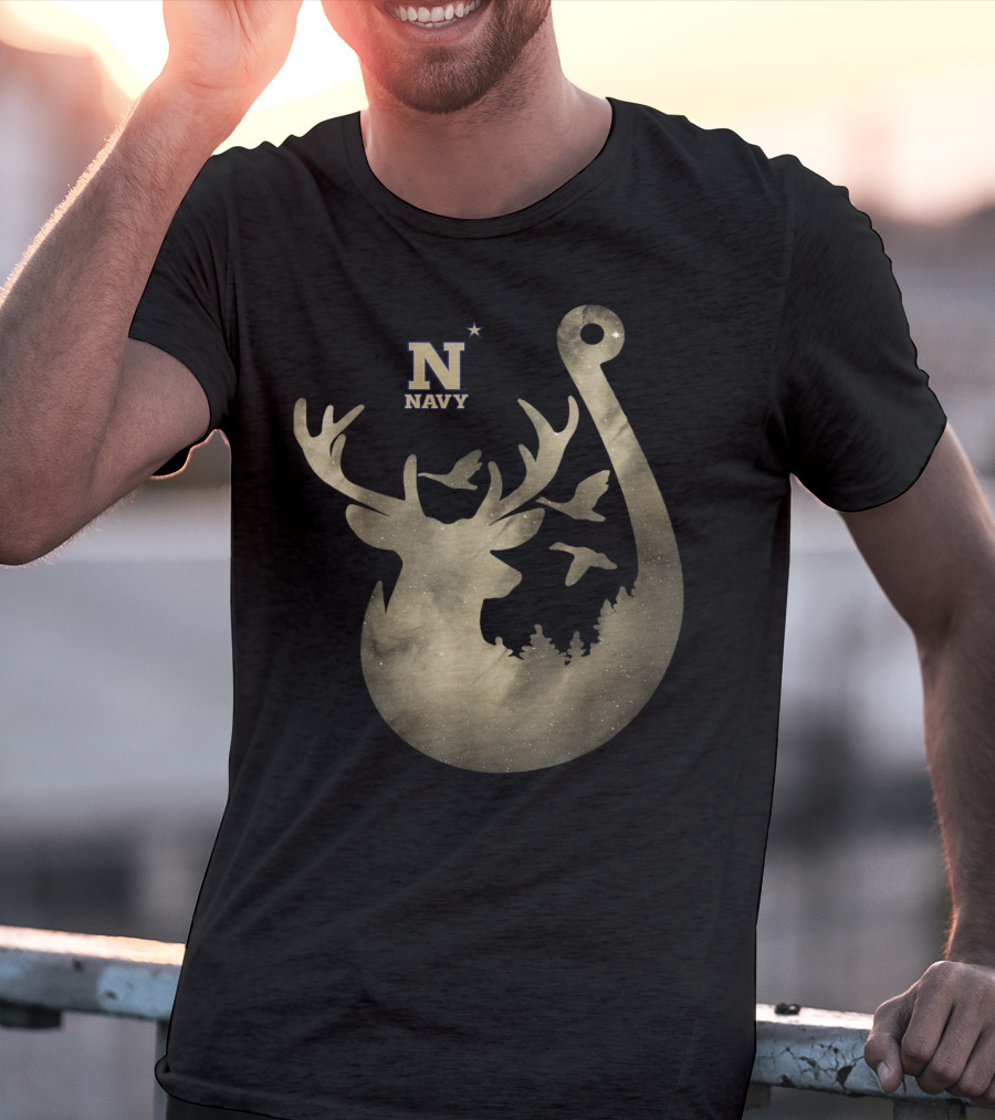 Navy Midshipmen Deer Galaxy Hook With Birds And Starry Sky T-Shirt