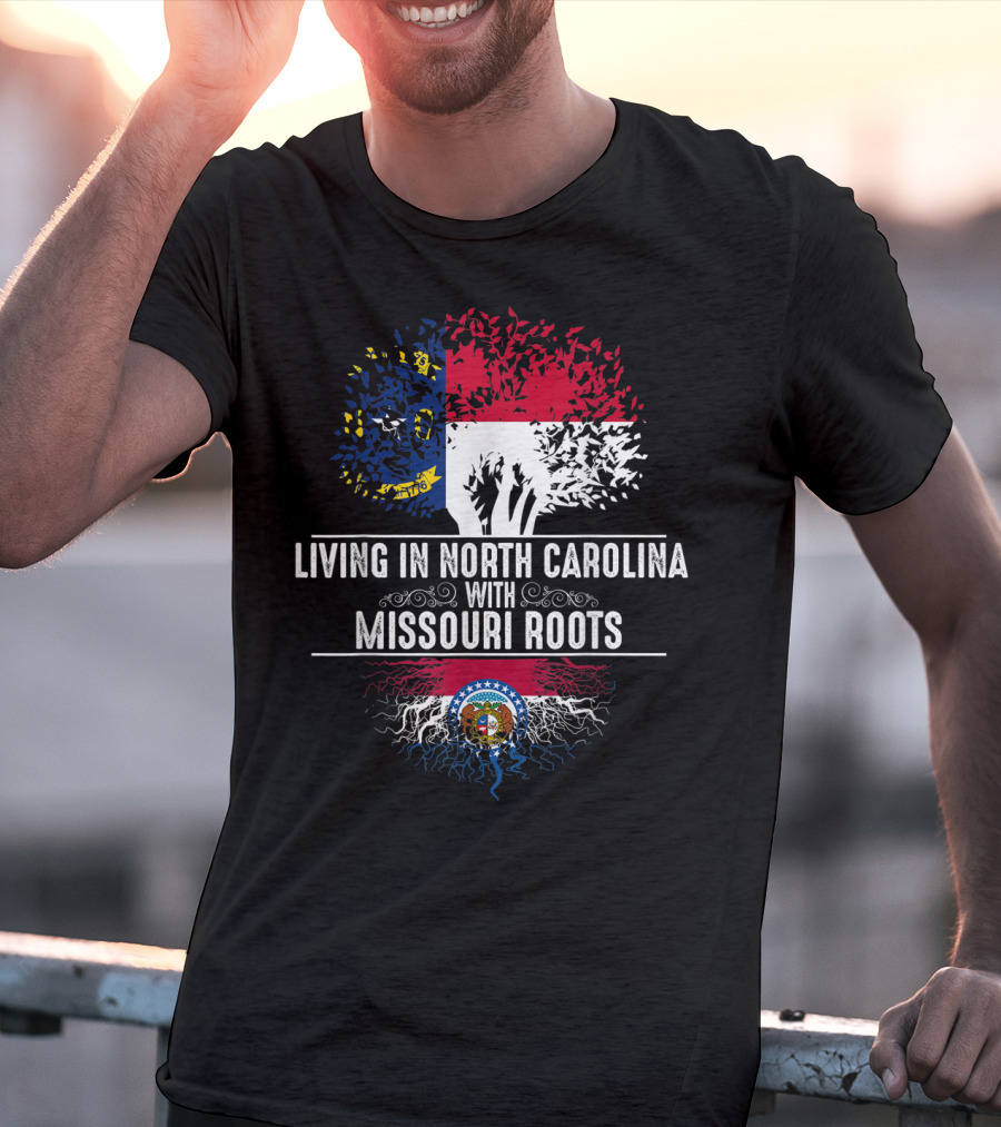 LIVING IN NORTH CAROLINA WITH MISSOURI ROOTS State Flags Tree Roots Blend T-Shirt