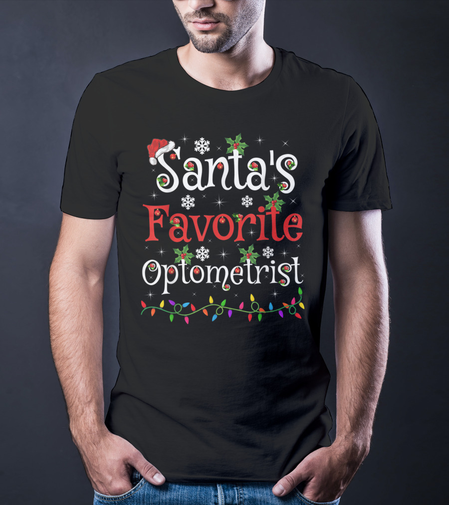Santa's Favorite Optometrist Xmas Lights Snowflakes Holly T-Shirt