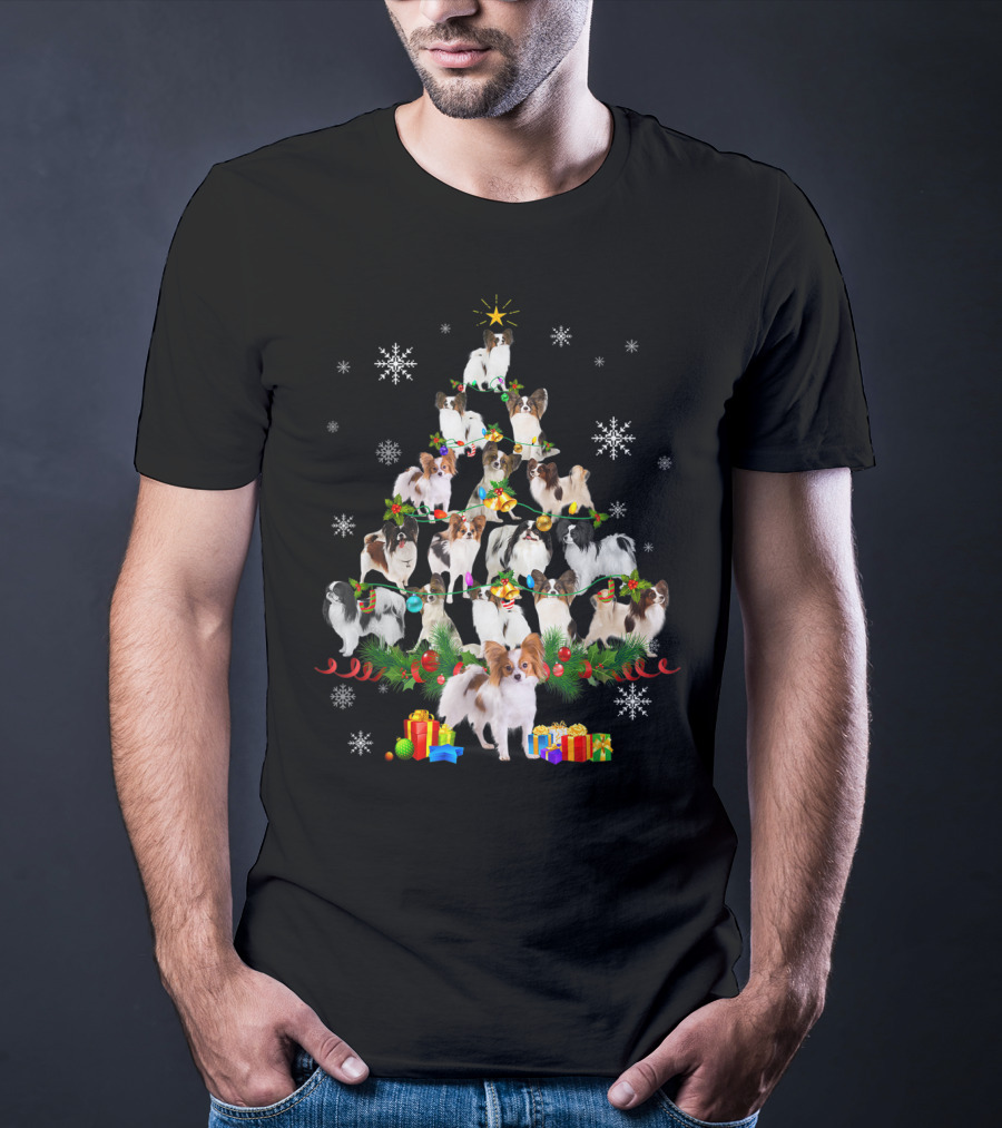 Papillon Dog Christmas Tree Lights With Snowflakes And Presents T-Shirt