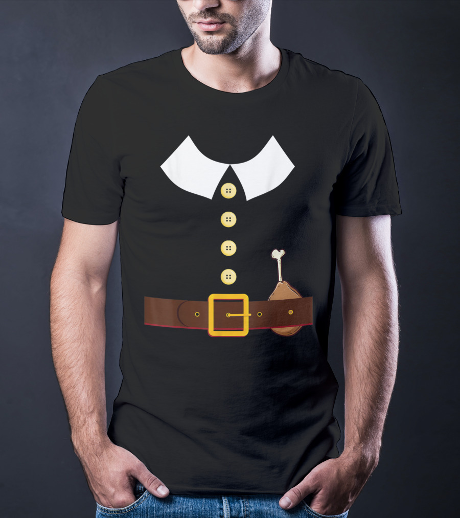 Pilgrim Costume Black Collar Buttons Belt Chicken Leg Colonist T-Shirt