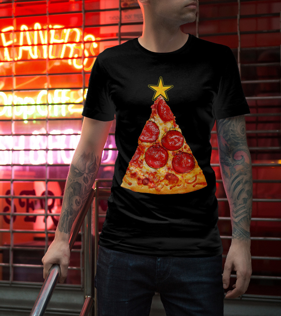 Pizza Slice Christmas Tree With Pepperoni Ornaments And Star Topper T-Shirt