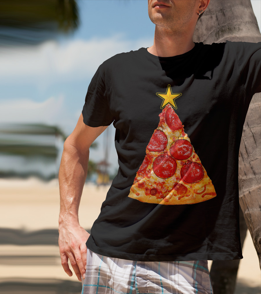 Pizza Slice Christmas Tree With Pepperoni Ornaments And Star Topper T-Shirt