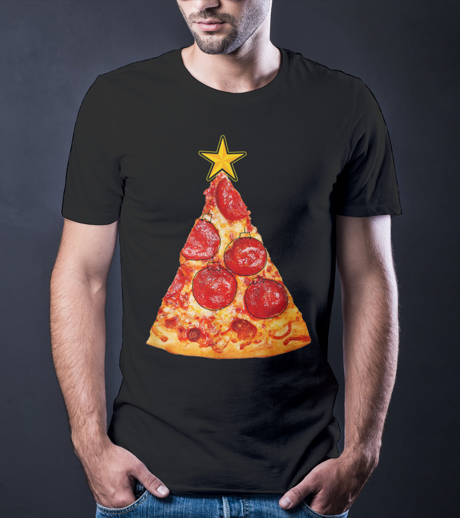 Pizza Slice Christmas Tree With Pepperoni Ornaments And Star Topper T-Shirt