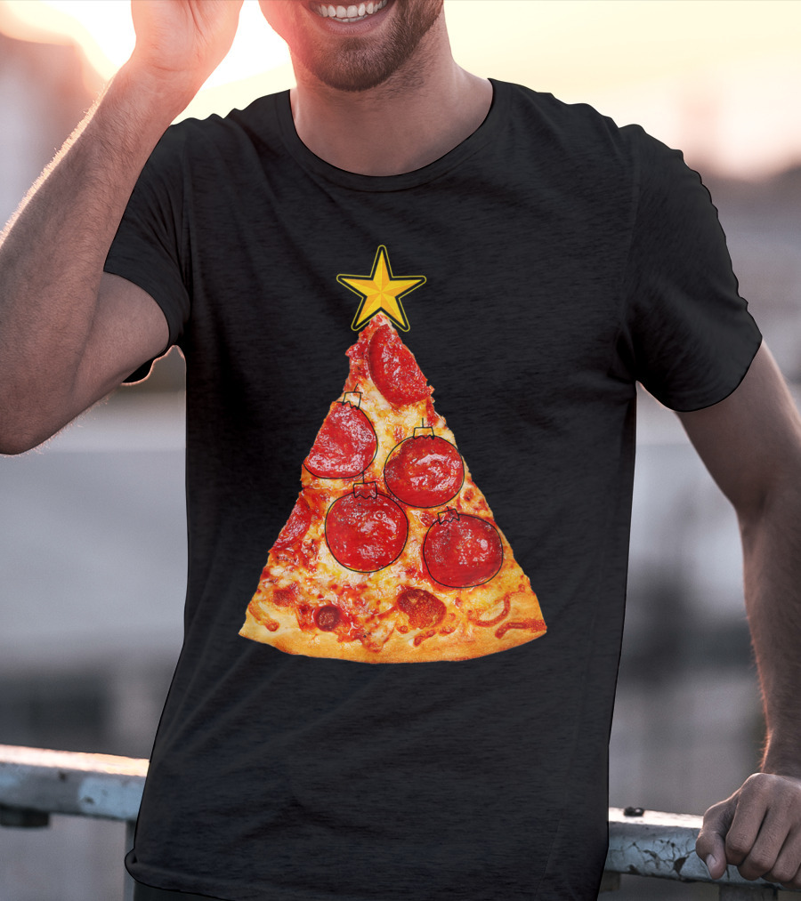 Pizza Slice Christmas Tree With Pepperoni Ornaments And Star Topper T-Shirt