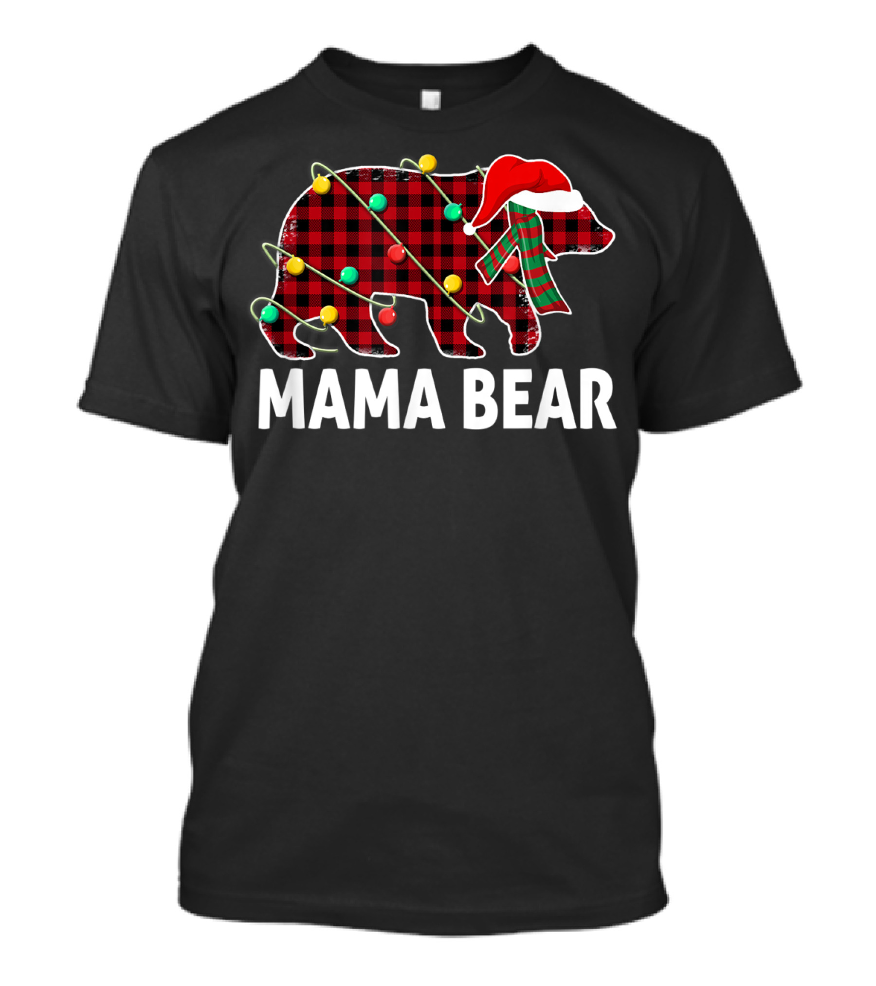 Mama Bear Plaid Santa Hat Christmas Lights T-Shirt