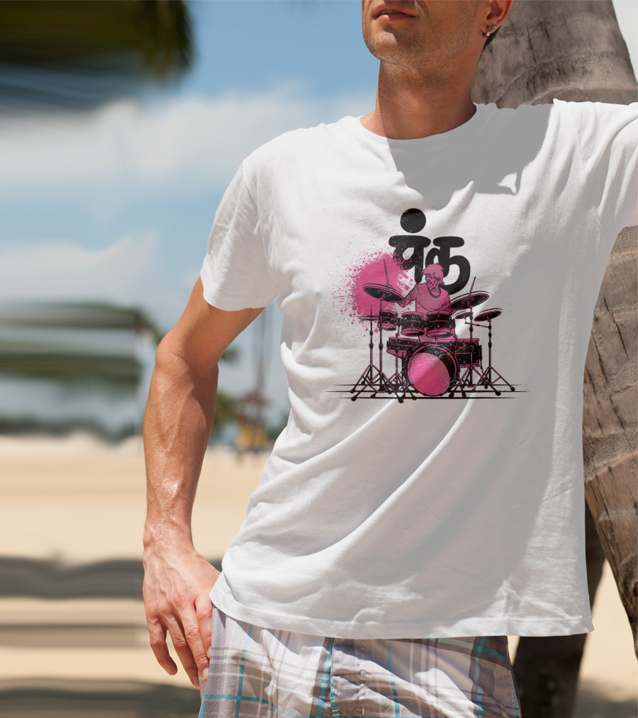 Pink Punk Band Drummer Graphic With Drum Set And Grunge Effect T-Shirt