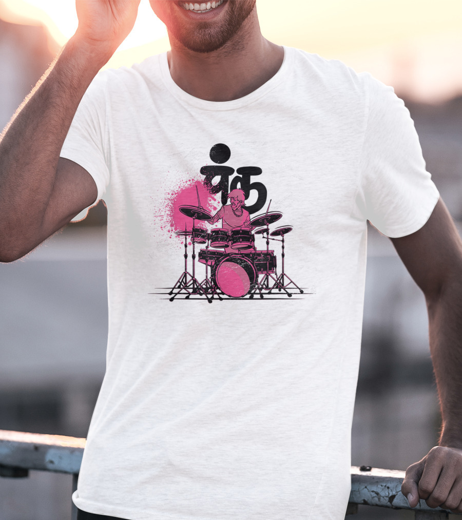 Pink Punk Band Drummer Graphic With Drum Set And Grunge Effect T-Shirt
