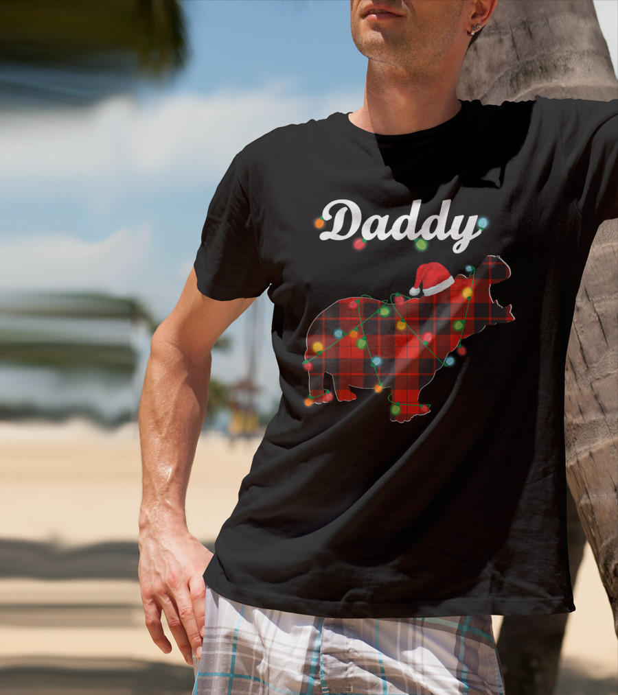 Daddy Red Plaid Hippopotamus Christmas Lights Santa Hat T-Shirt