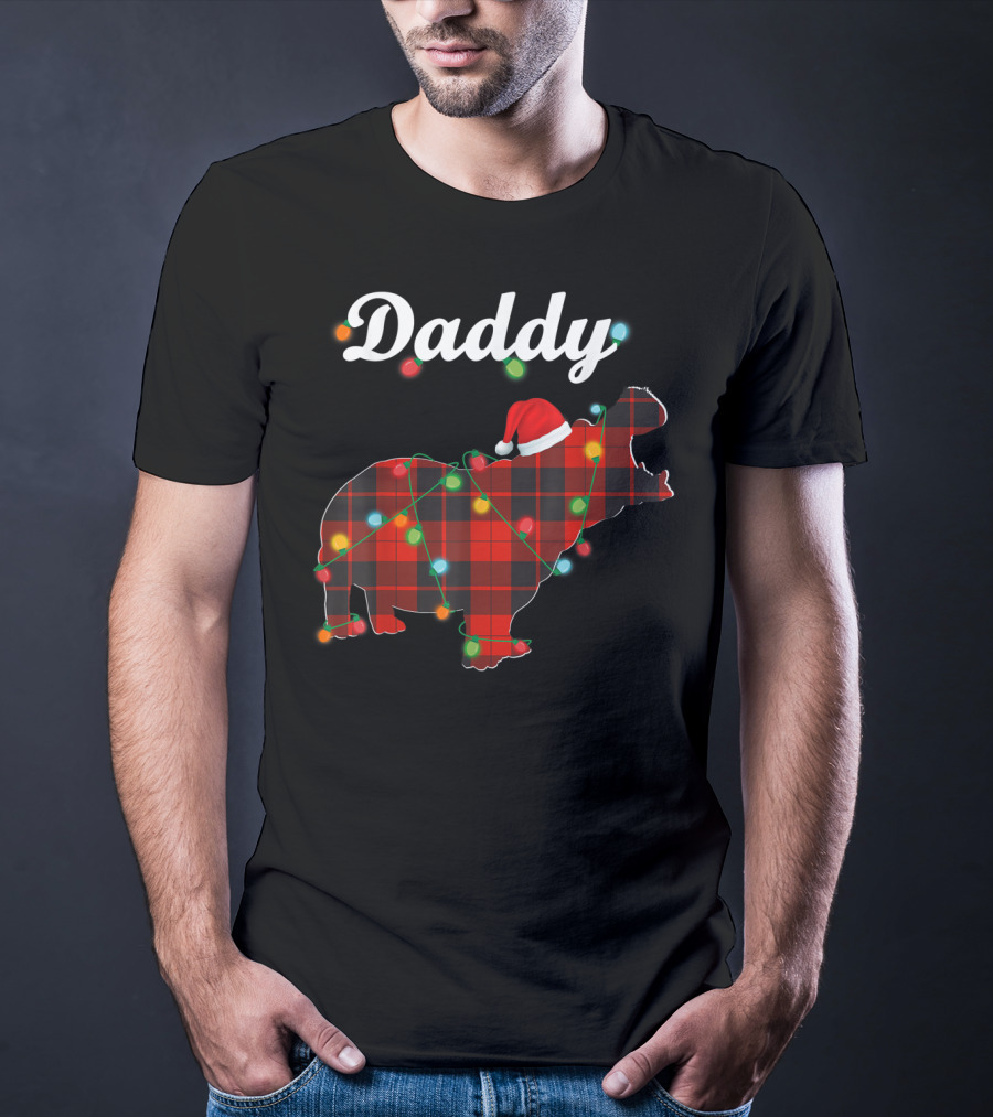 Daddy Red Plaid Hippopotamus Christmas Lights Santa Hat T-Shirt