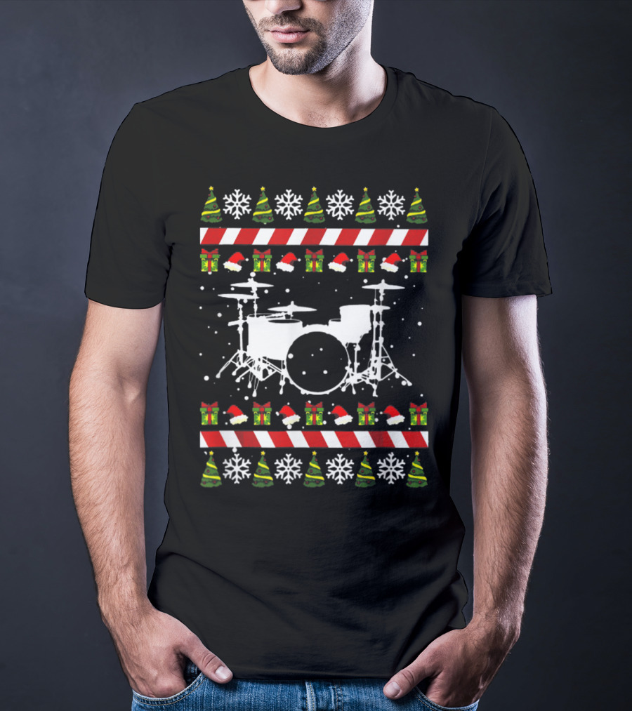 Santa Drummer Ugly Christmas Sweater Drum Kit Snowflakes Trees Gift Boxes T-Shirt