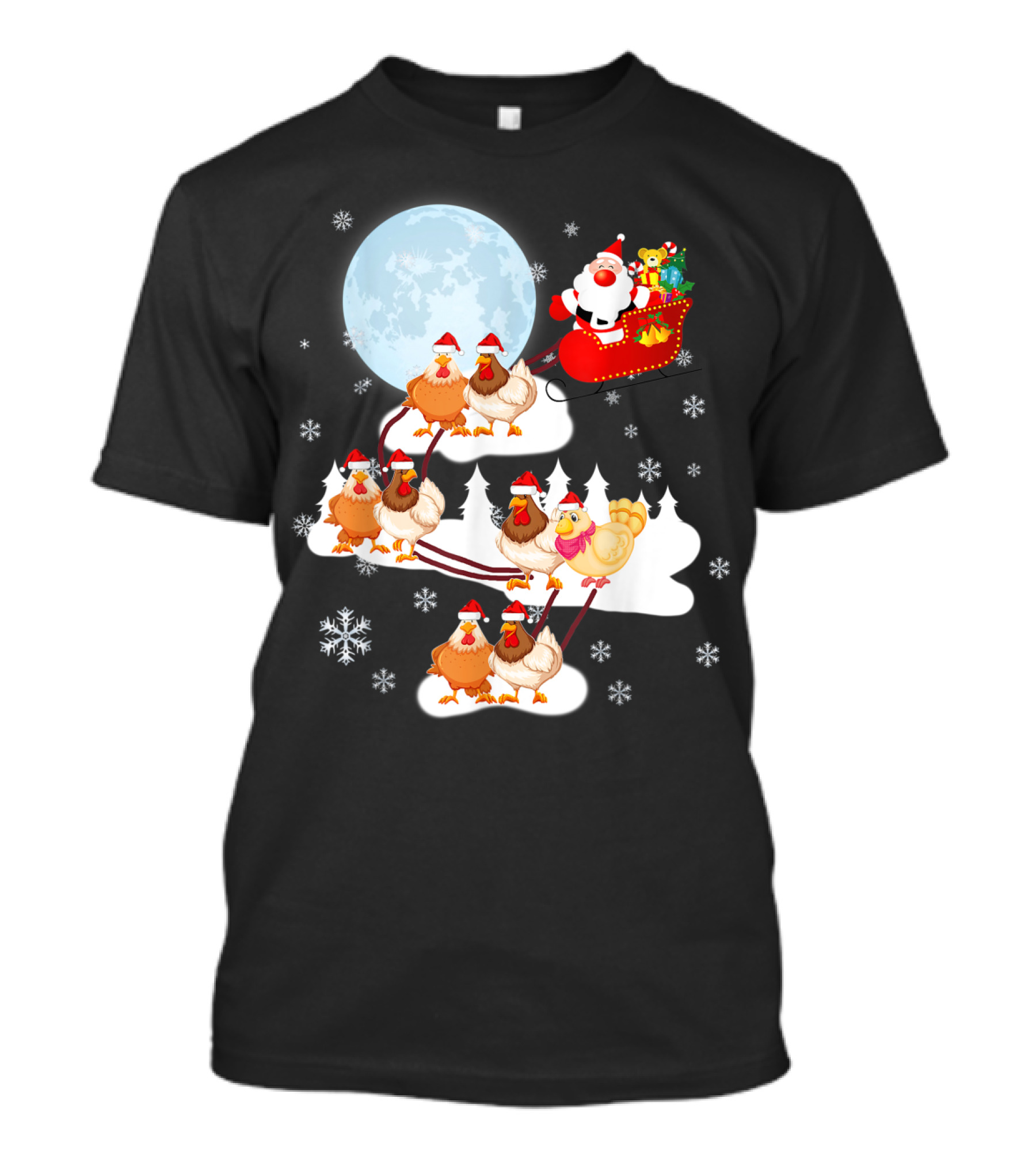 Santa Sleigh Sled Riding Chickens Full Moon Christmas Snowflakes T-Shirt