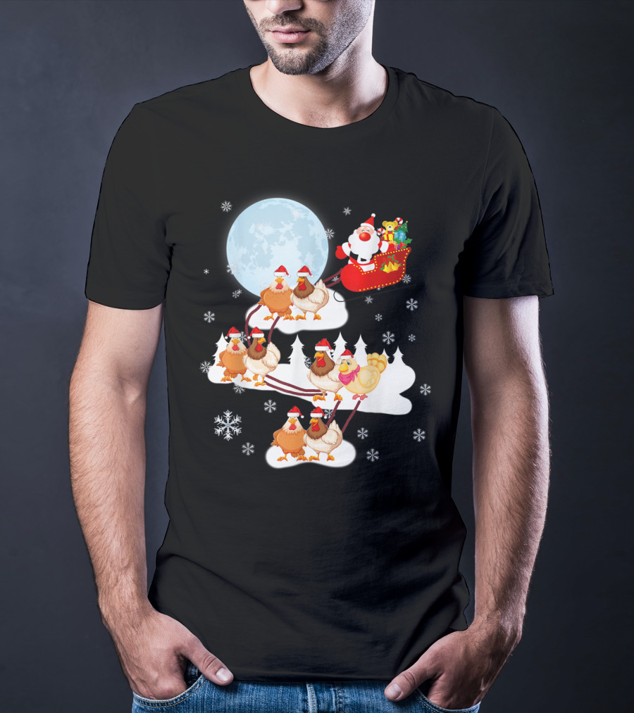 Santa Sleigh Sled Riding Chickens Full Moon Christmas Snowflakes T-Shirt