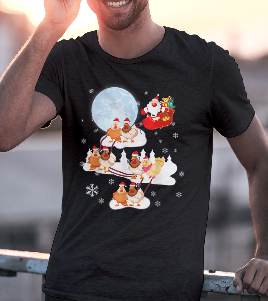 Santa Sleigh Sled Riding Chickens Full Moon Christmas Snowflakes T-Shirt