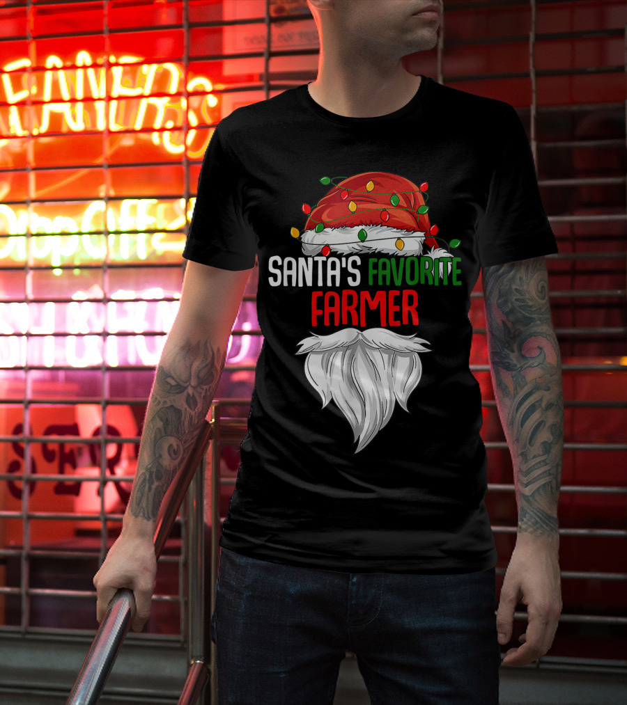 Santa's Favorite Farmer Christmas Beard And Hat Lights T-Shirt