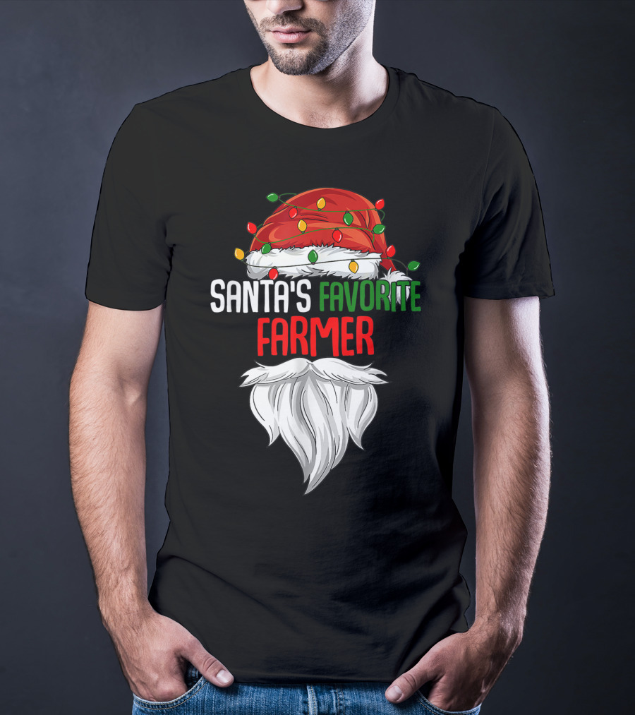 Santa's Favorite Farmer Christmas Beard And Hat Lights T-Shirt