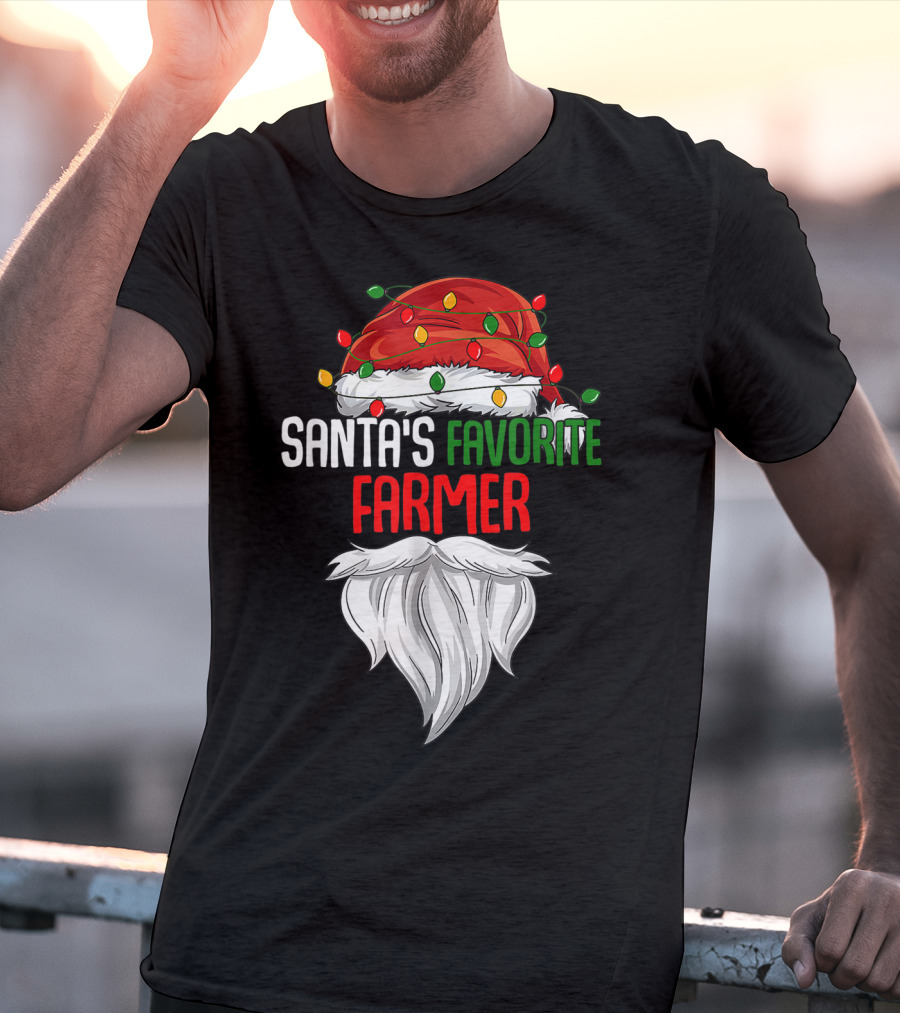 Santa's Favorite Farmer Christmas Beard And Hat Lights T-Shirt