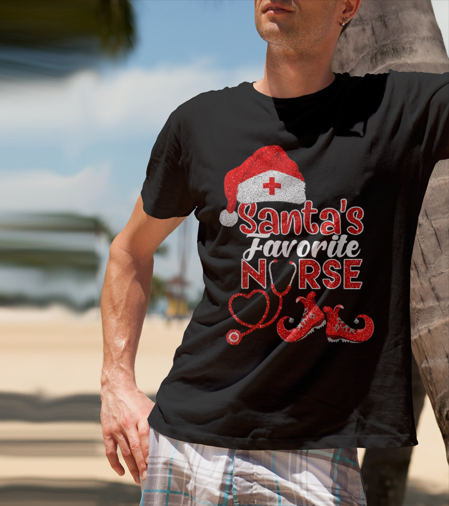 Santa's Favorite Nurse Heart Stethoscope Elf Shoes Merry Xmas Party T-Shirt