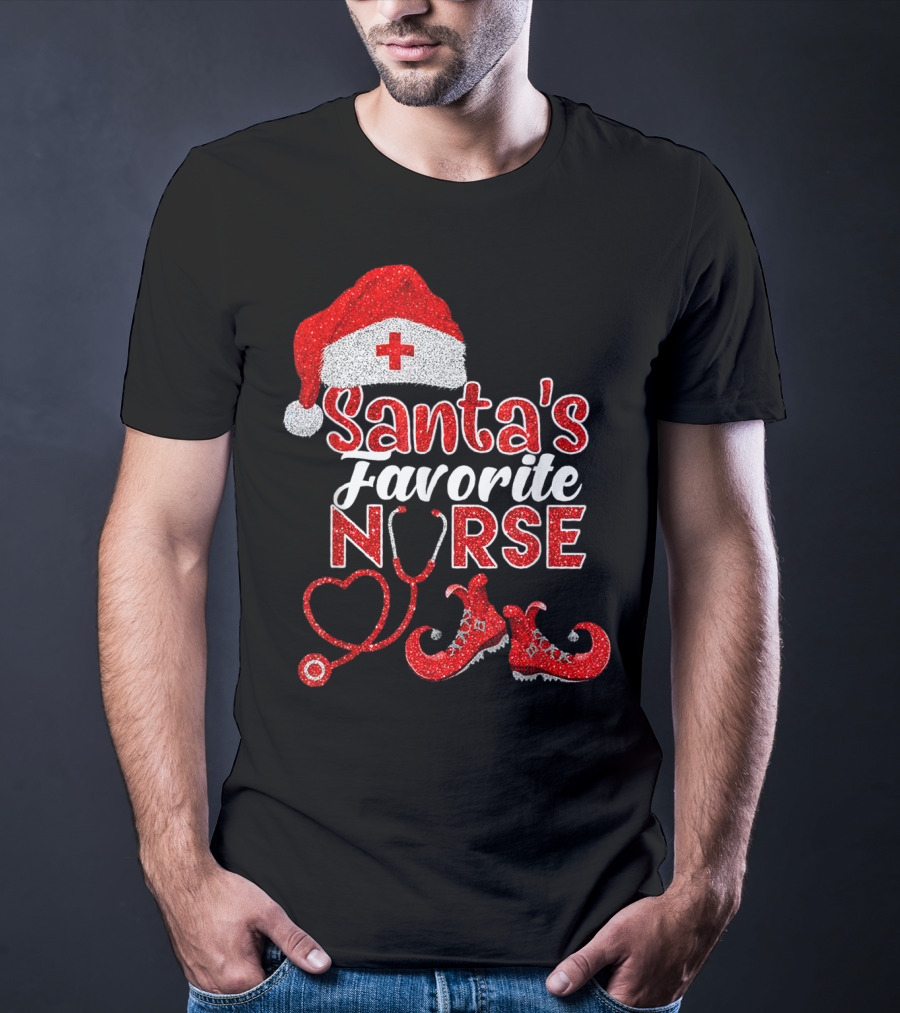 Santa's Favorite Nurse Heart Stethoscope Elf Shoes Merry Xmas Party T-Shirt
