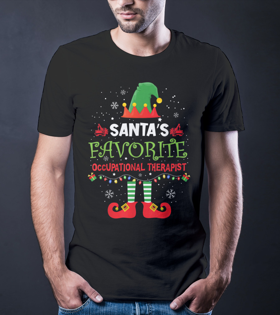 Santa's Favorite Occupational Therapist Merry Christmas Elf Hat Lights Snowflakes T-Shirt