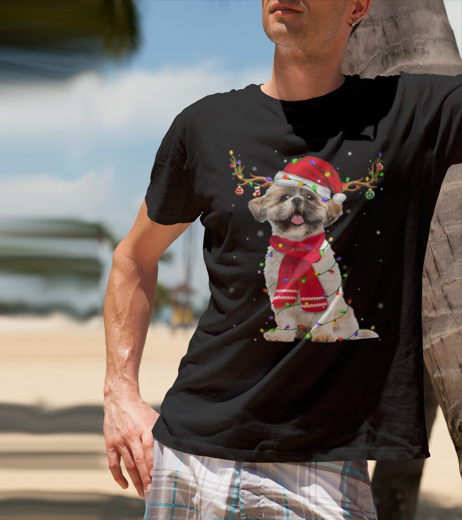 Shih Tzu Christmas Reindeer Antlers Red Scarf Santa Hat Festive Lights T-Shirt