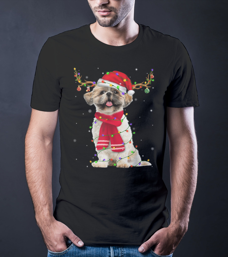 Shih Tzu Christmas Reindeer Antlers Red Scarf Santa Hat Festive Lights T-Shirt