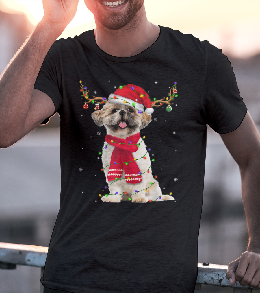 Shih Tzu Christmas Reindeer Antlers Red Scarf Santa Hat Festive Lights T-Shirt