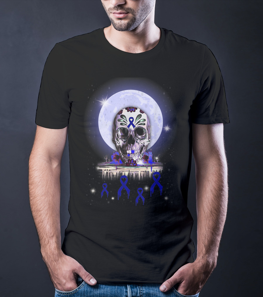 Skull With Floral Motifs And Blue Ribbon In Front Of Full Moon For Rectal Cancer Awareness T-Shirt