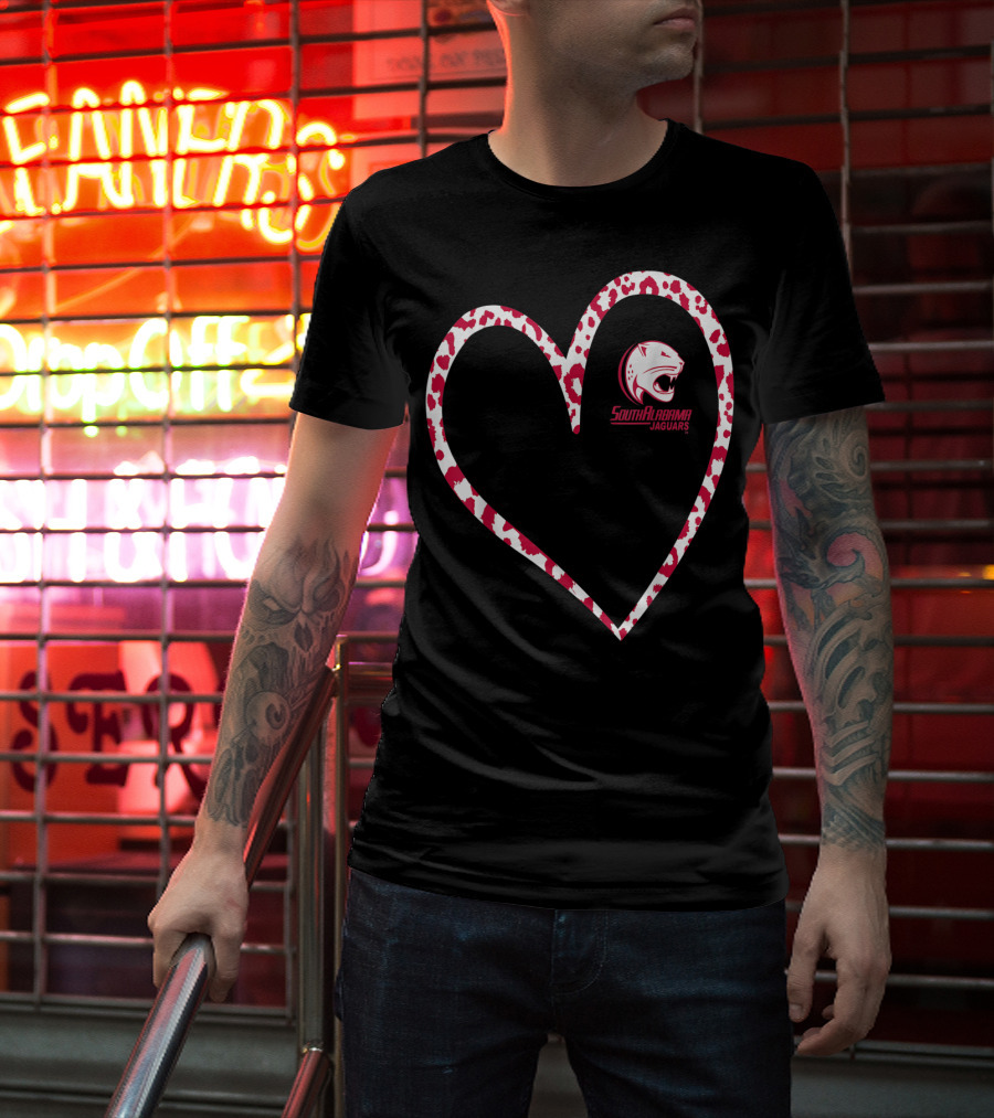 South Alabama Jaguars Leopard Print Heart T-Shirt