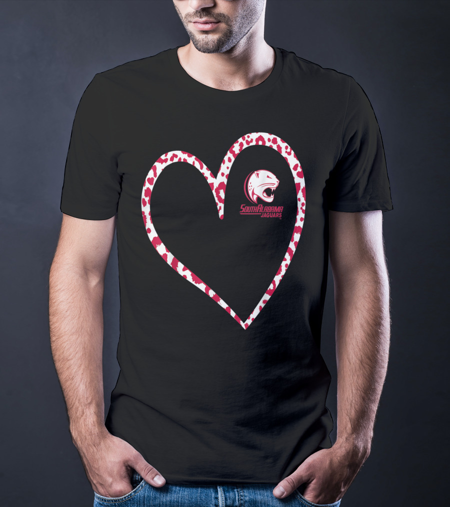 South Alabama Jaguars Leopard Print Heart T-Shirt
