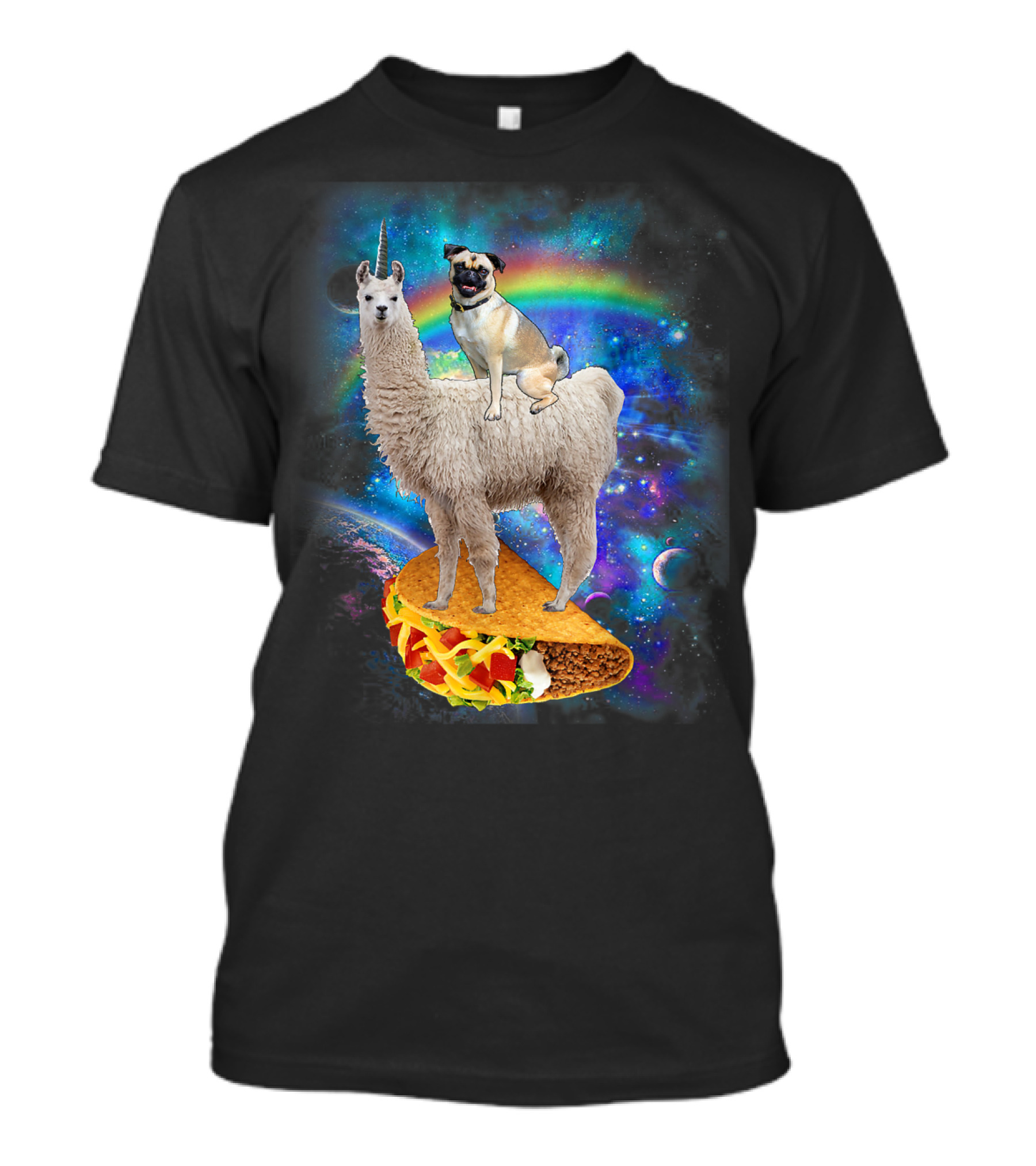 Space Pug On Llama With Taco In Galaxy Background T-Shirt