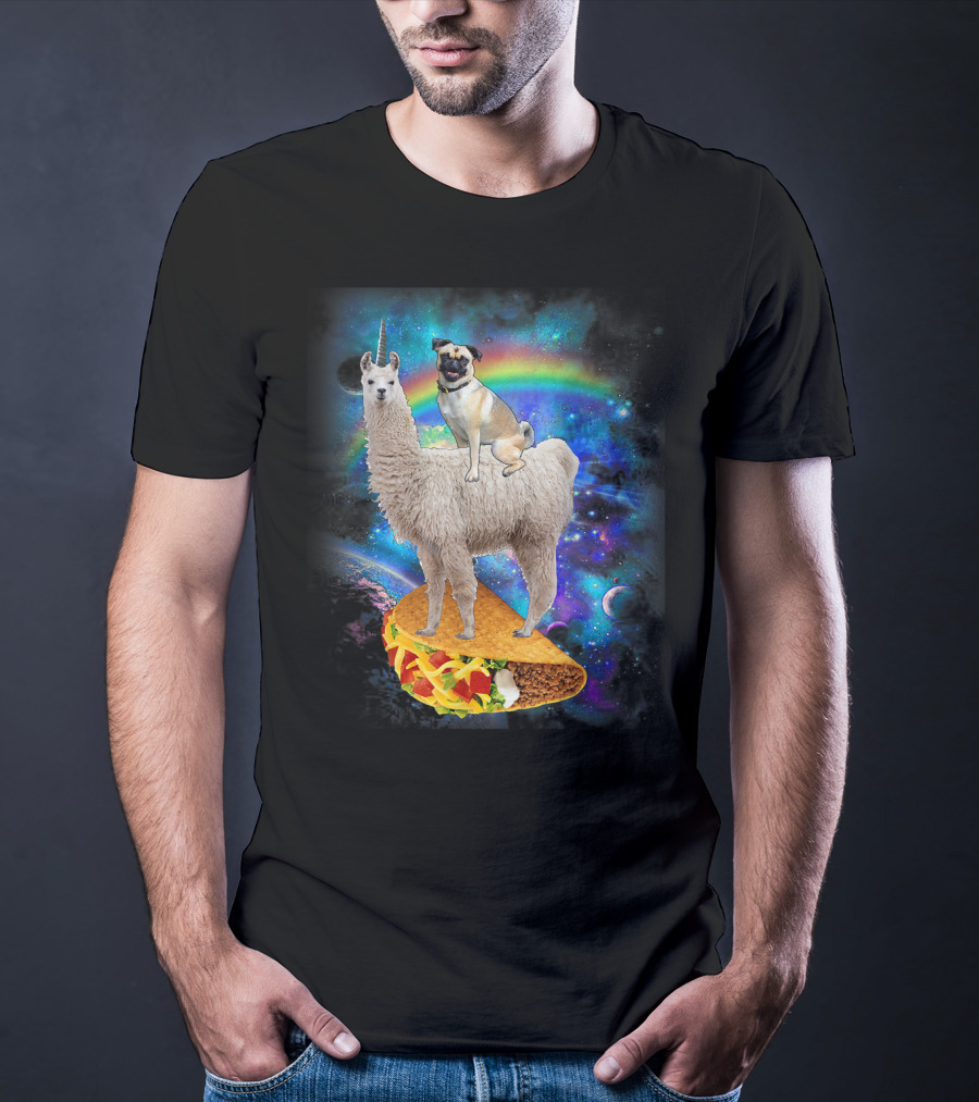 Space Pug On Llama With Taco In Galaxy Background T-Shirt