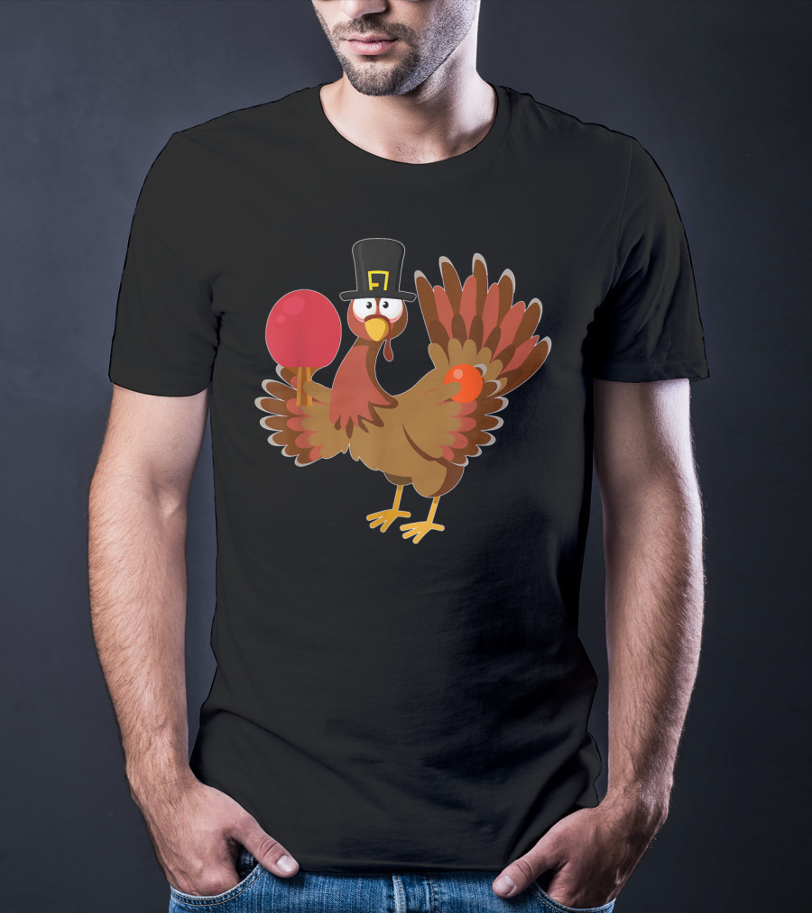Thanksgiving Turkey Playing Ping Pong With Paddle And Pilgrim Hat T-Shirt