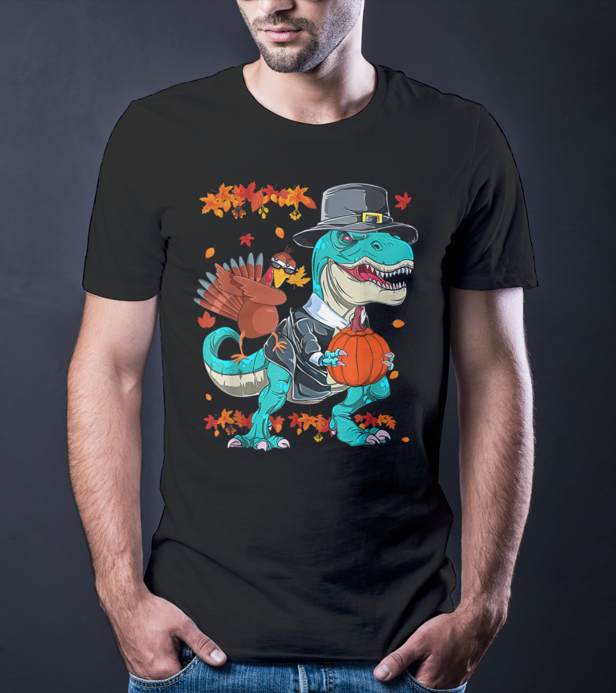 Thanksgiving Pilgrim T-Rex Dinosaur Dabbing Turkey With Pumpkin And Autumn Leaves T-Shirt