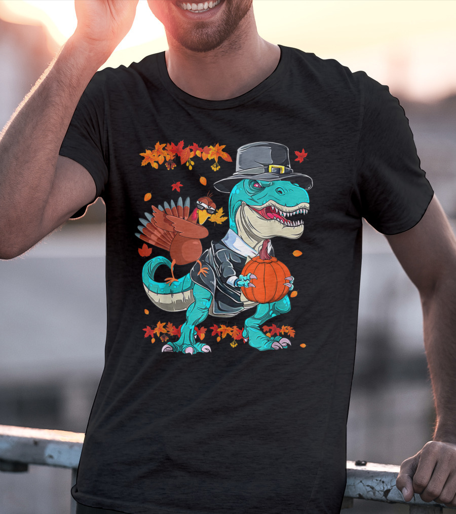 Thanksgiving Pilgrim T-Rex Dinosaur Dabbing Turkey With Pumpkin And Autumn Leaves T-Shirt